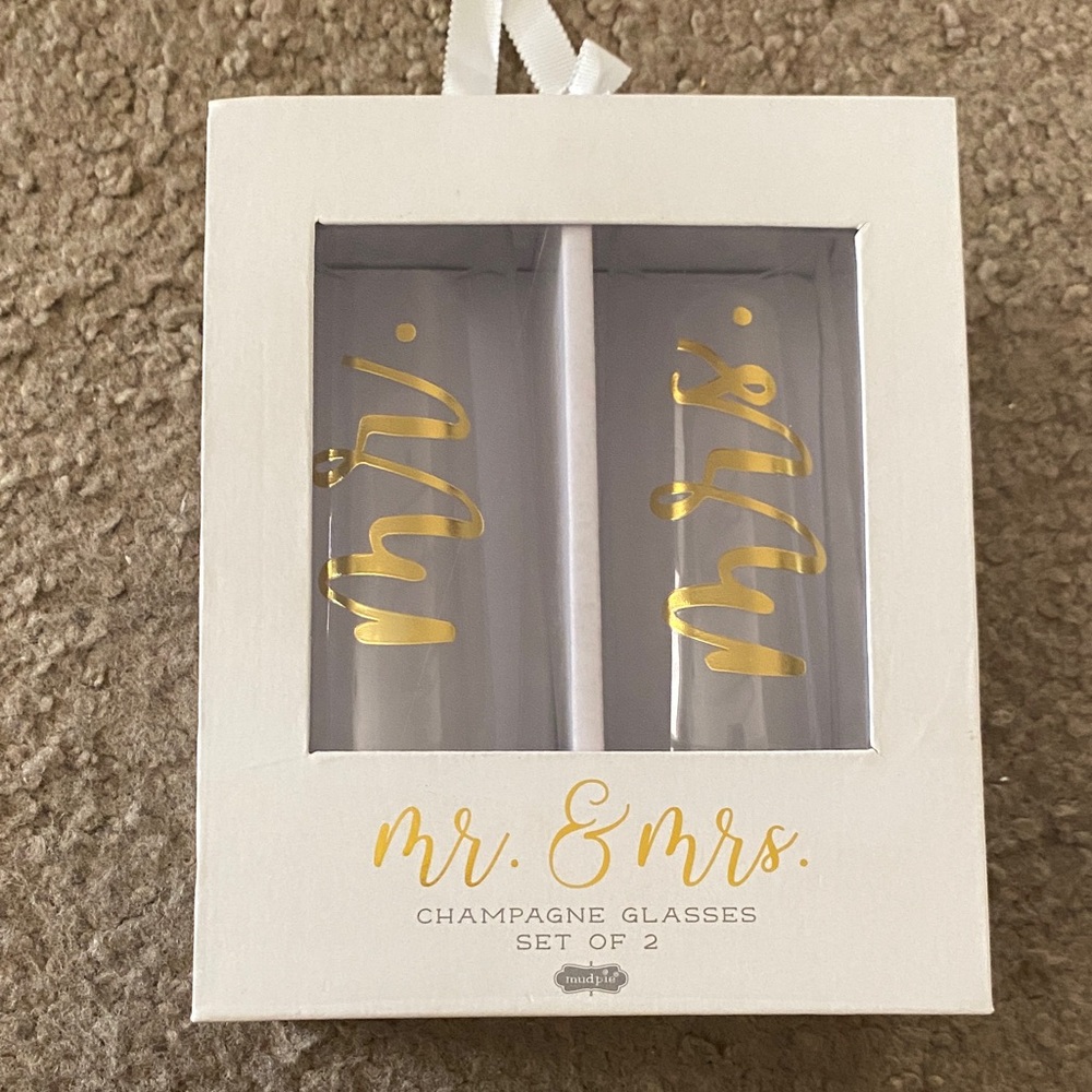 Mud Pie White and Gold Mr. & Mrs. Champagne Glasses